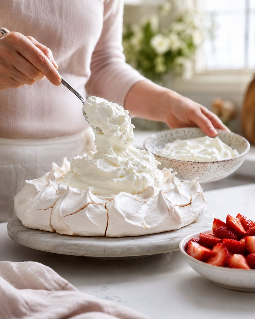 A person spreads whipped cream onto a pavlova meringue base on a marble platter, with a bowl of strawberries and a bowl of extra whipped cream nearby on a kitchen counter.