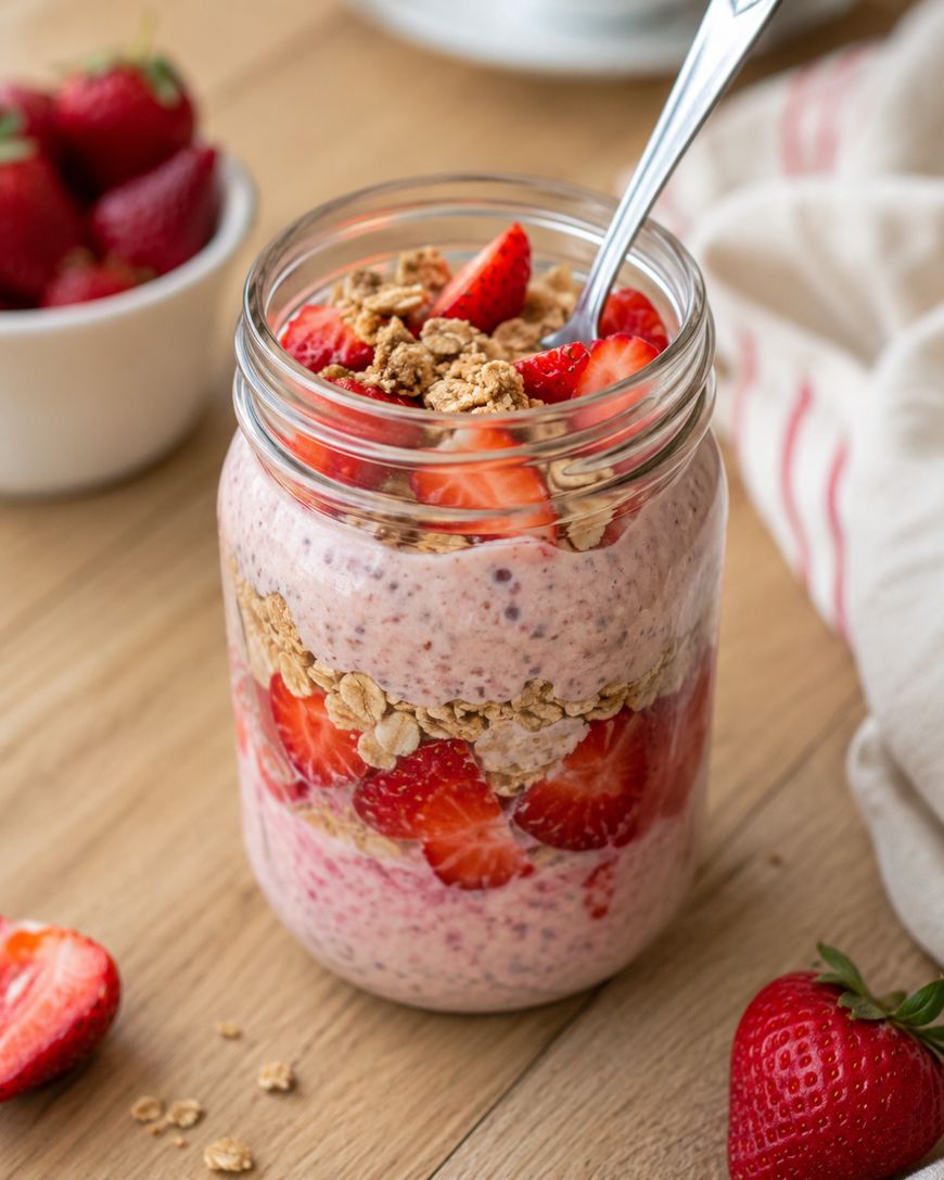 A glass jar filled with layers of pink strawberry yogurt, granola, and fresh strawberry slices, with a spoon inside. Whole and sliced strawberries and a white bowl of strawberries are nearby on a wooden surface.