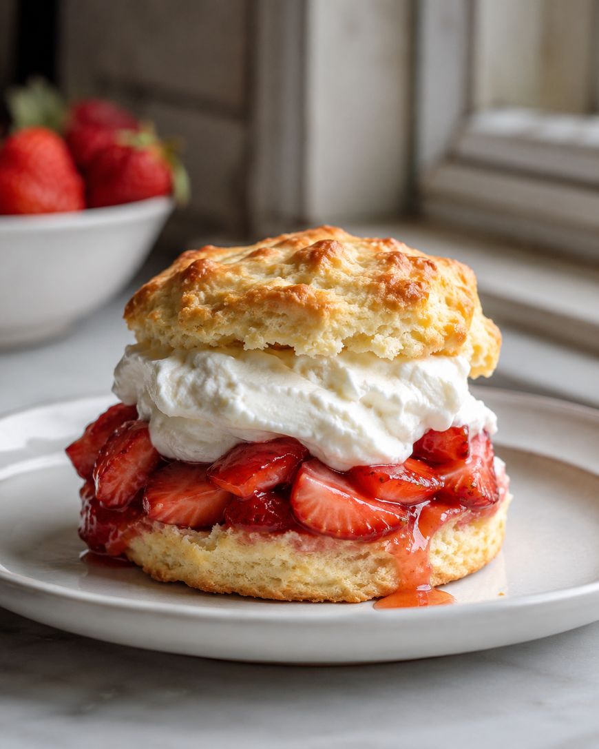 A strawberry shortcake on a plate, featuring a golden biscuit, sliced strawberries, and a generous layer of whipped cream, with a bowl of strawberries and a window in the blurred background.