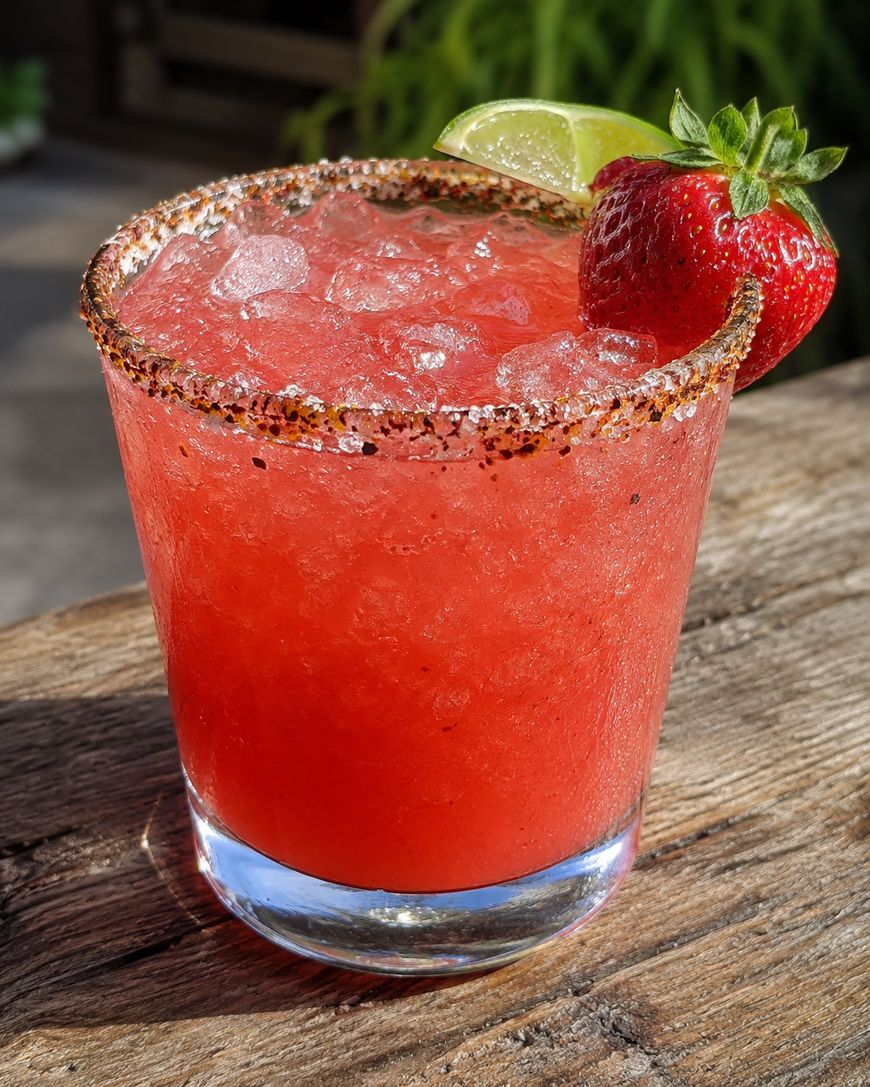 A vibrant red cocktail in a glass with a chili powder rim, garnished with a fresh strawberry and a lime wedge, filled with crushed ice and set on a rustic wooden surface.