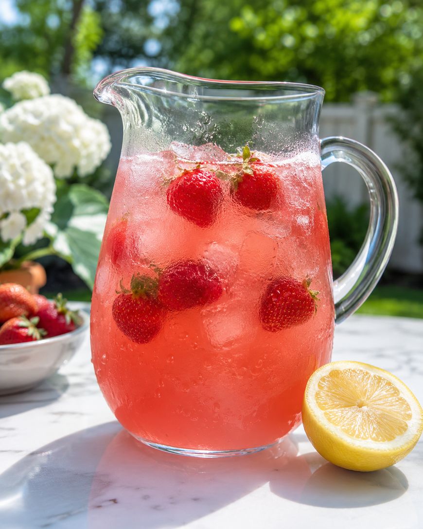 A glass pitcher filled with iced strawberry lemonade sits on a white table, garnished with whole strawberries. A halved lemon and a bowl of strawberries are nearby, with white flowers and greenery in the blurred background.