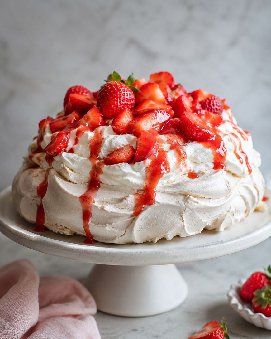 A pavlova topped with whipped cream and fresh sliced strawberries, with strawberry sauce drizzling down the sides, sits on a white cake stand. A pink cloth and a small dish of strawberries are nearby.