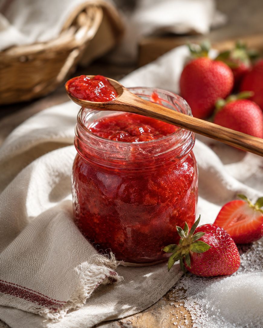 A jar of strawberry jam sits on a cloth with a wooden spoon resting on top, covered in jam. Fresh strawberries and a sliced strawberry are next to the jar, with a wicker basket blurred in the background.
