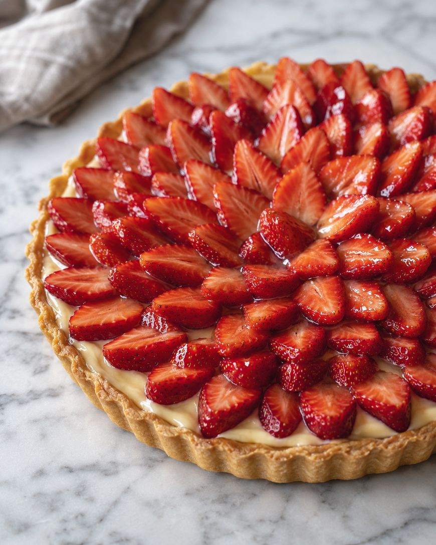 A strawberry tart with glossy, sliced strawberries arranged in concentric circles on a creamy filling, set in a golden pastry crust on a marble surface.