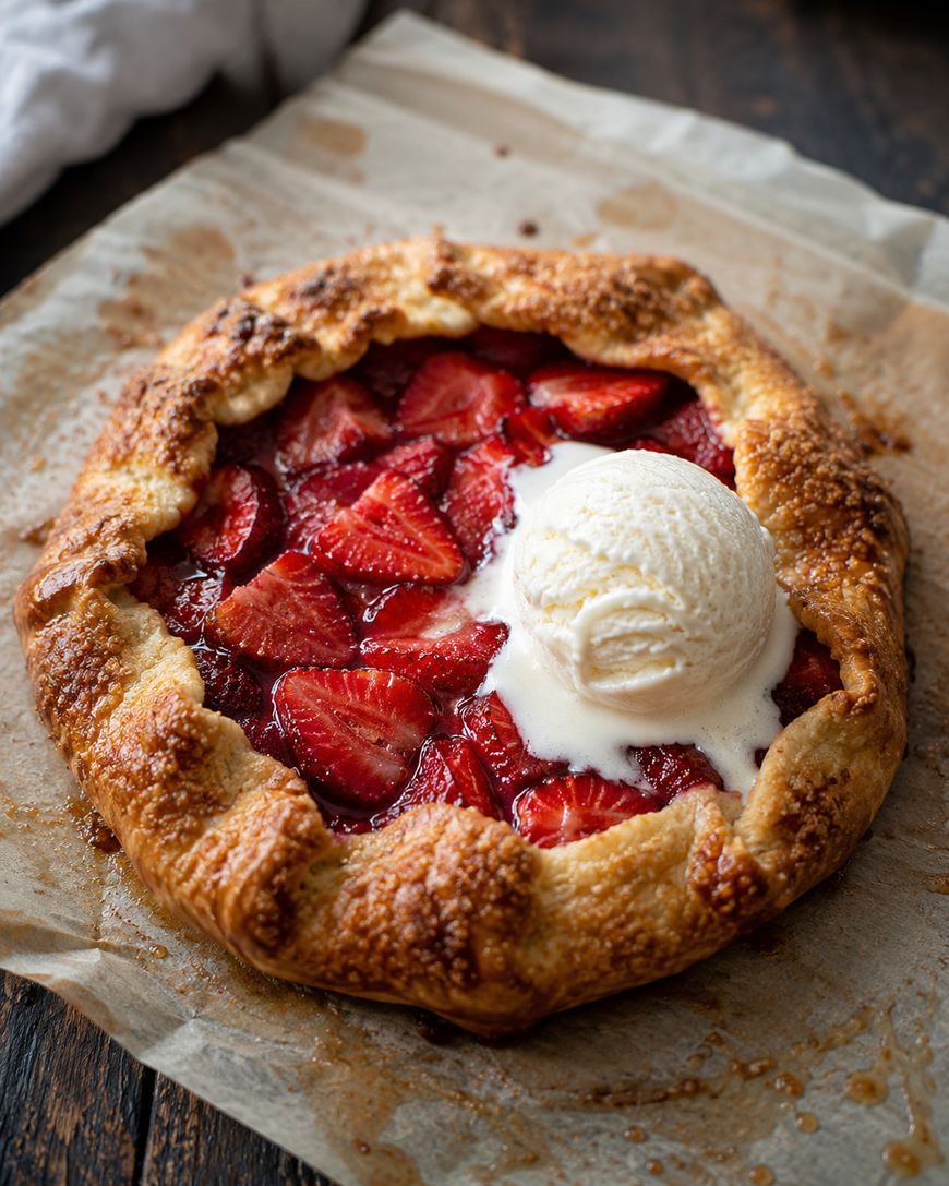 A rustic strawberry galette with golden, flaky crust, topped with a scoop of vanilla ice cream, sits on parchment paper on a wooden surface.