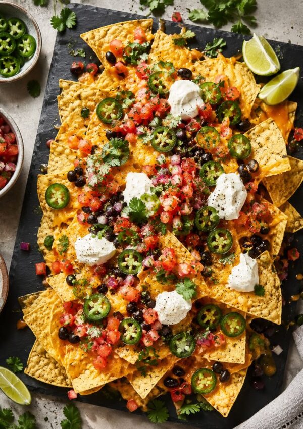 A plate of loaded nachos topped with melted cheese, black beans, diced tomatoes, and jalapeños makes for one of the most satisfying dinners—perfect for easy dinner recipes or fun girl dinner ideas, served with salsa and lime wedges on the side.