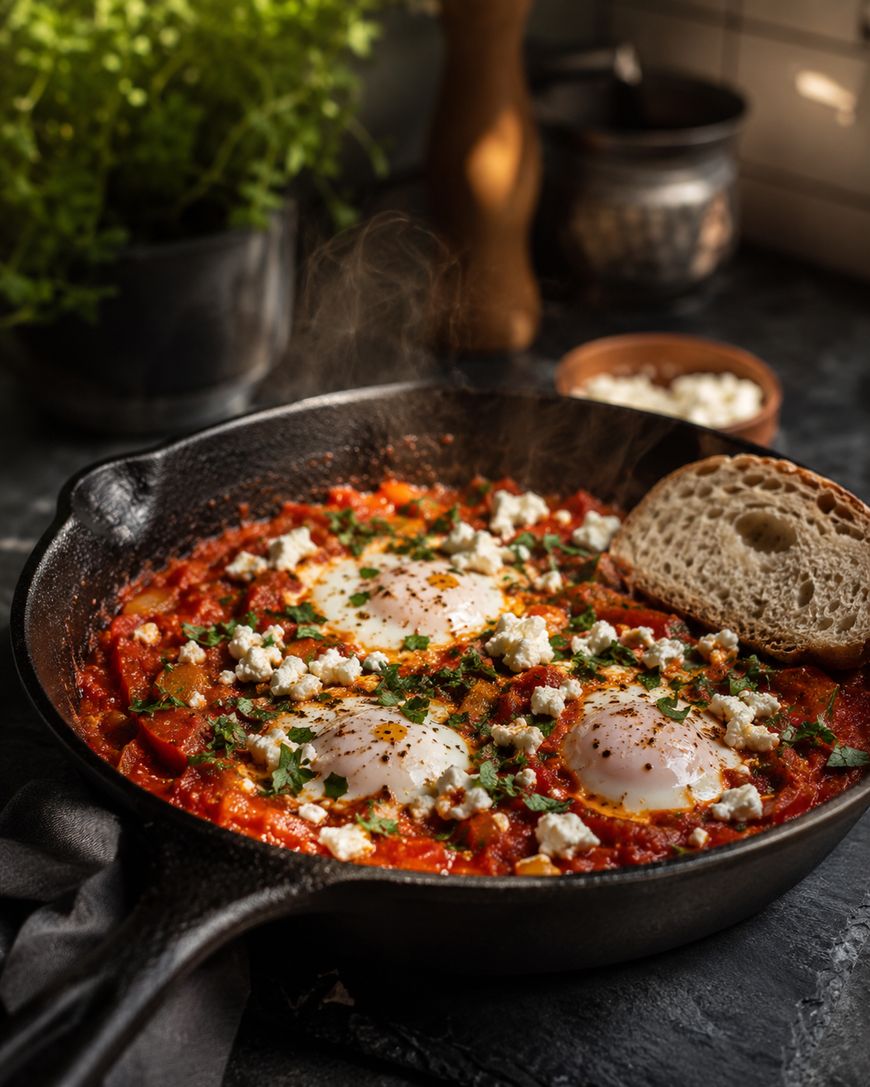 A cast iron skillet with shakshuka—eggs poached in a spiced tomato sauce—topped with crumbled feta and herbs. Two slices of bread rest on the side, and steam rises from the dish. The background shows fresh greenery and kitchen items.