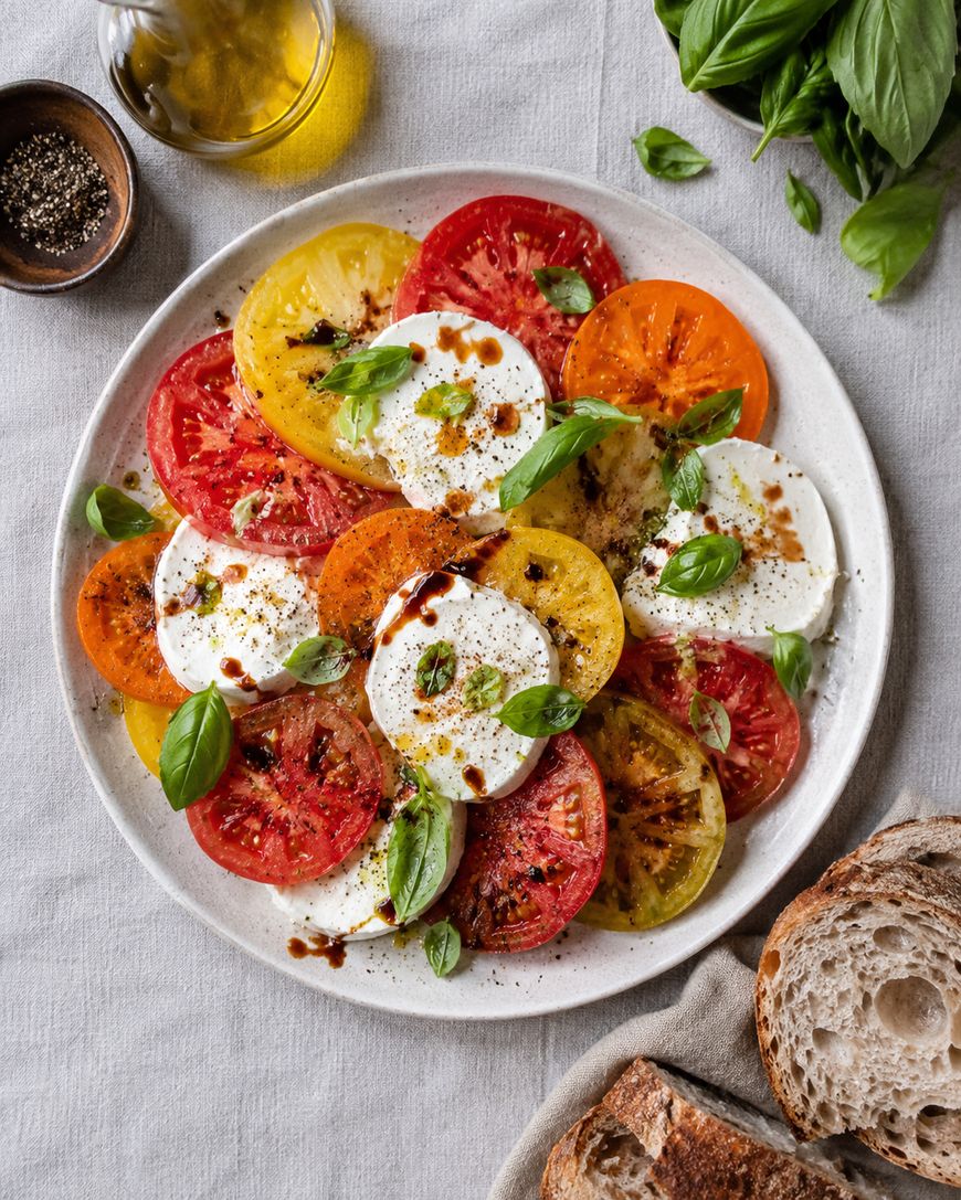 A plate of Caprese salad with sliced red and yellow tomatoes, fresh mozzarella, basil leaves, olive oil, and balsamic drizzle, surrounded by bread slices, a bowl of pepper, basil, and a bottle of olive oil.