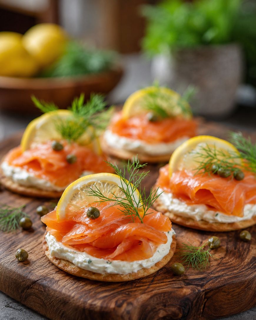 Four smoked salmon canapés on a wooden board, each topped with cream cheese, lemon slices, capers, and fresh dill, with a blurred background featuring lemons and a green plant.