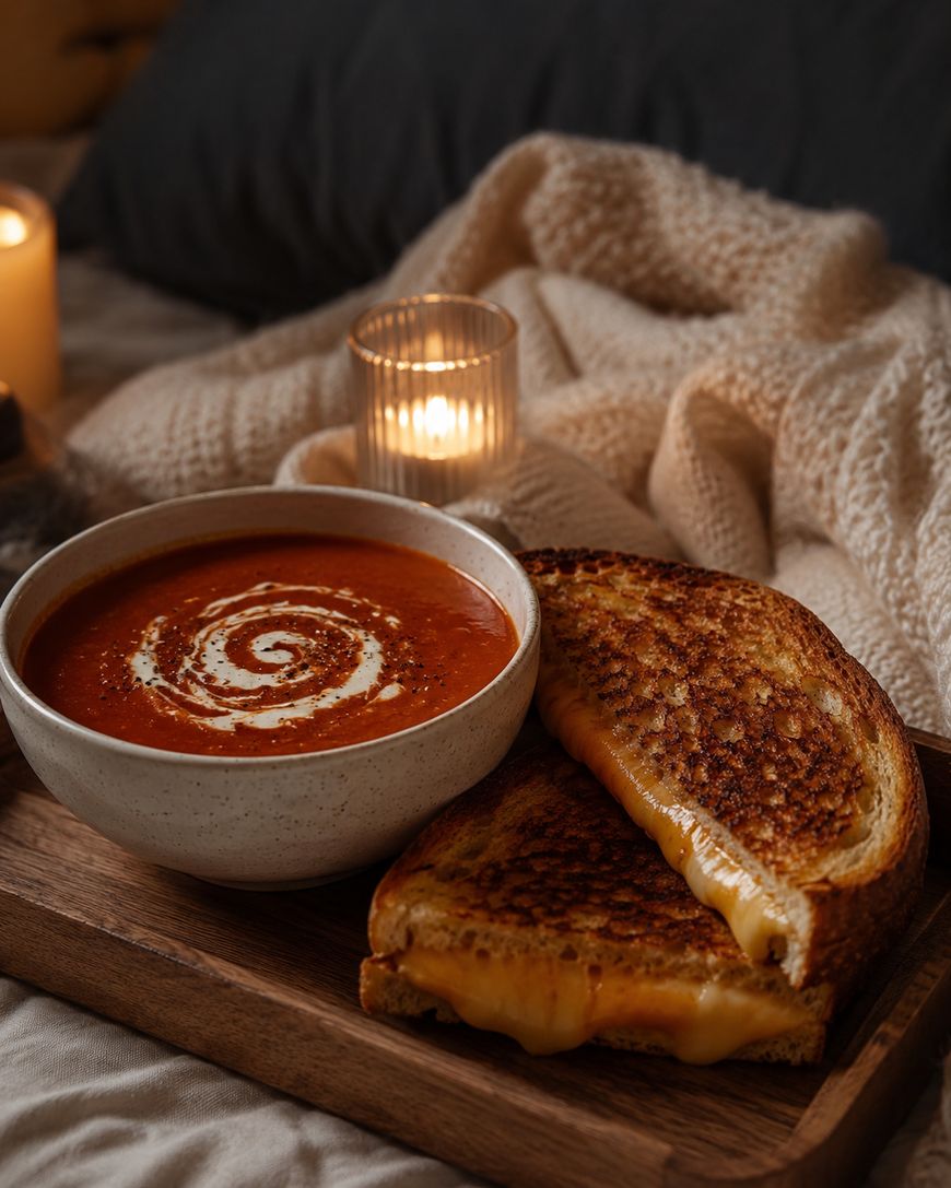 A bowl of tomato soup with a cream swirl sits next to a grilled cheese sandwich on a wooden tray, with blankets, a pillow, and lit candles in the cozy background.