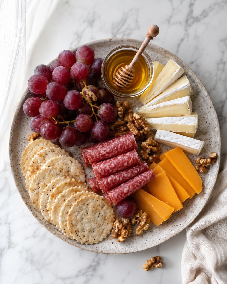 A round plate with seed crackers, sliced salami, cheddar and brie cheese, red grapes, walnuts, and a small jar of honey with a dipper, set on a marble surface.
