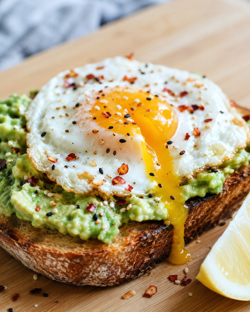 A slice of toasted bread topped with mashed avocado and a sunny-side-up egg with a runny yolk, sprinkled with spices, sits on a wooden surface beside a lemon wedge.