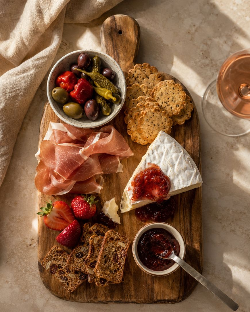 A wooden board with brie cheese topped with red jam, prosciutto, assorted crackers, dried fruit crisps, strawberries, a bowl of mixed olives, and a glass of rosé wine. Light casts soft shadows across the scene.