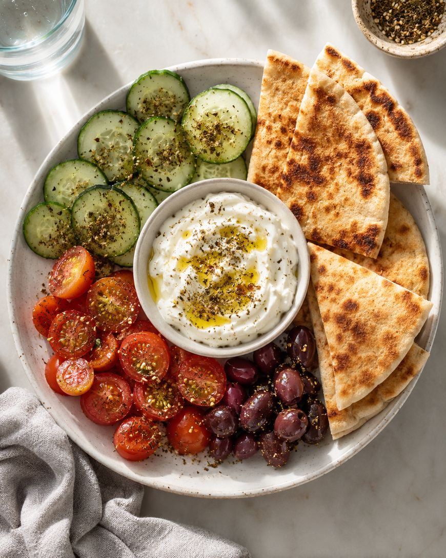 A plate with pita bread slices, cherry tomato halves, cucumber slices, kalamata olives, and a bowl of labneh drizzled with olive oil, all sprinkled with herbs.