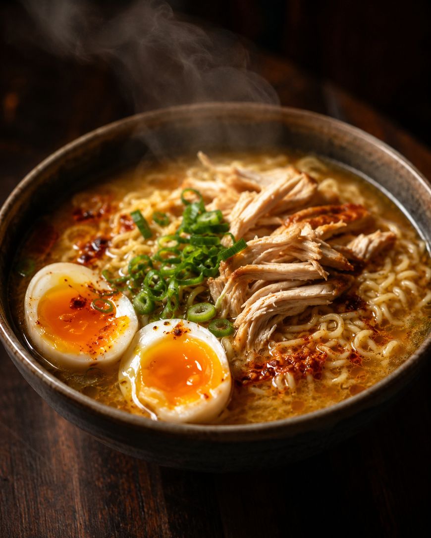 A steaming bowl of ramen topped with shredded chicken, sliced green onions, chili oil, and a soft-boiled egg with a runny yolk, served in a dark bowl on a wooden surface.