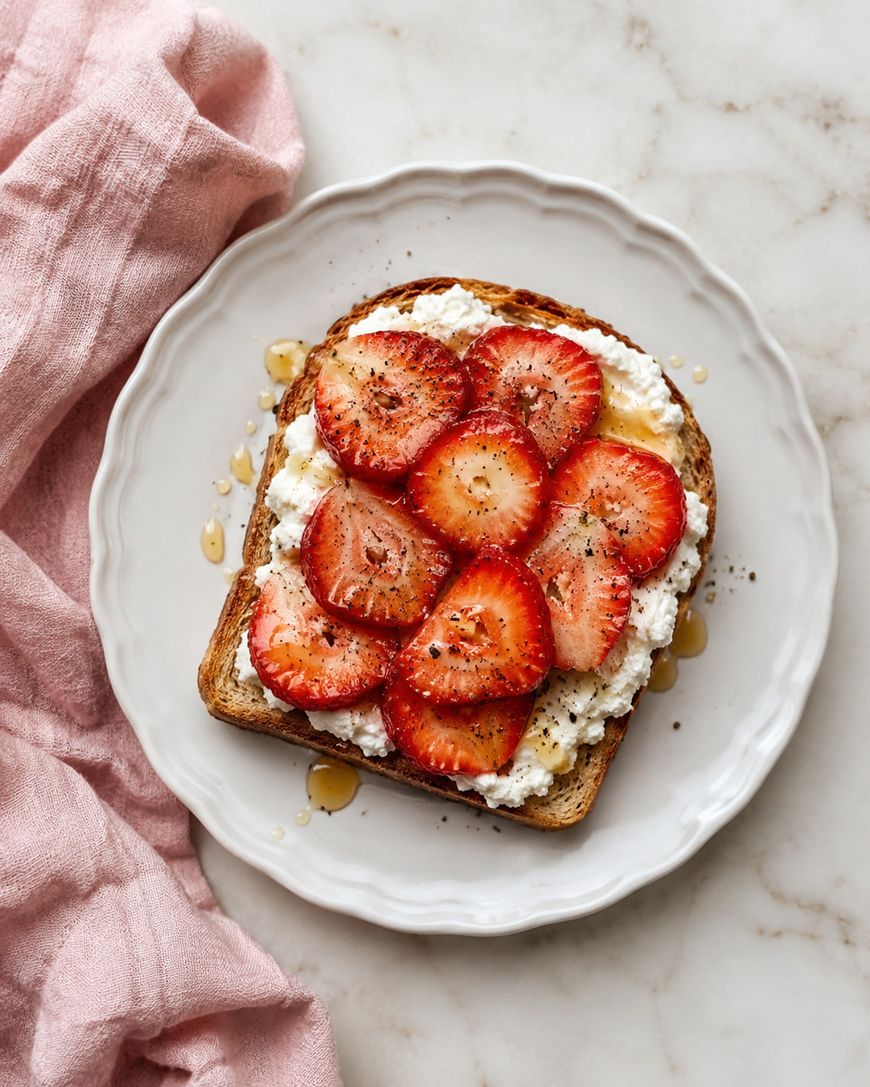 A slice of toast topped with ricotta cheese, fresh strawberry slices, and a drizzle of honey sits on a white plate, next to a pink cloth on a marble surface.