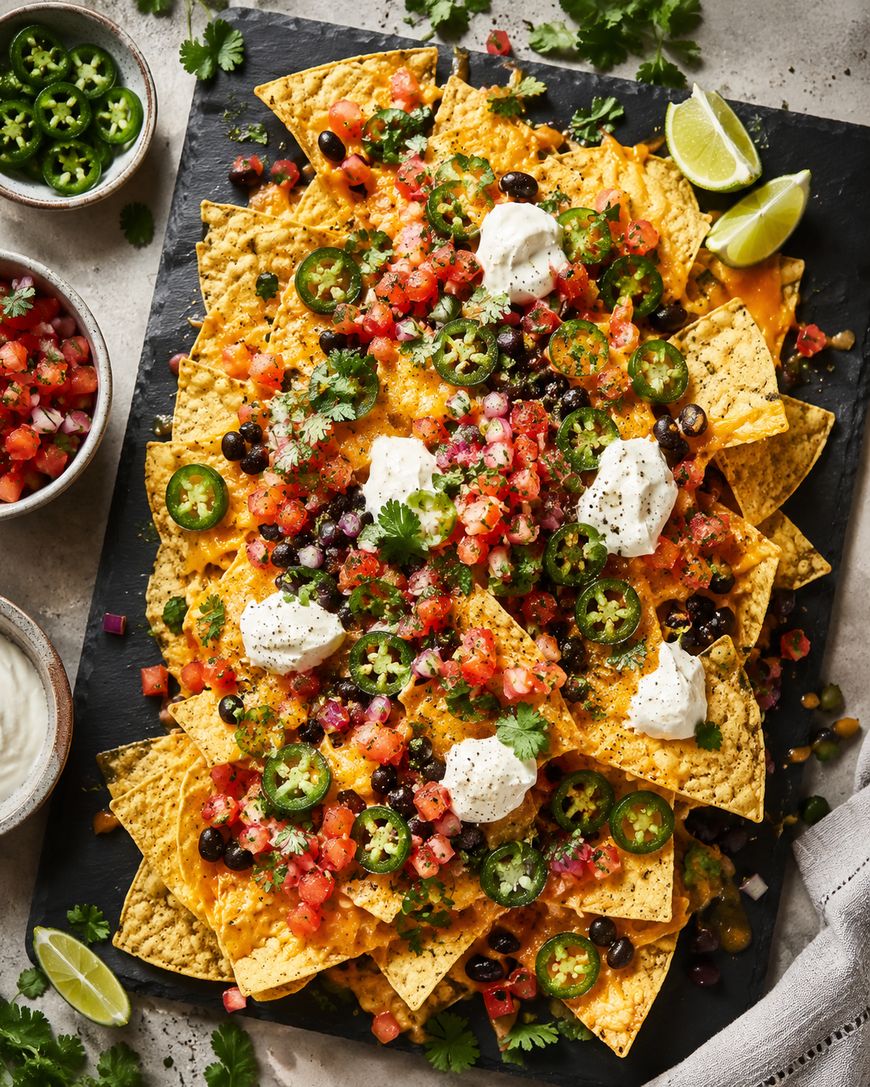 A platter of nachos topped with melted cheese, black beans, sliced jalapeños, pico de gallo, sour cream, and fresh cilantro, served with lime wedges and dipping sauces on the side.