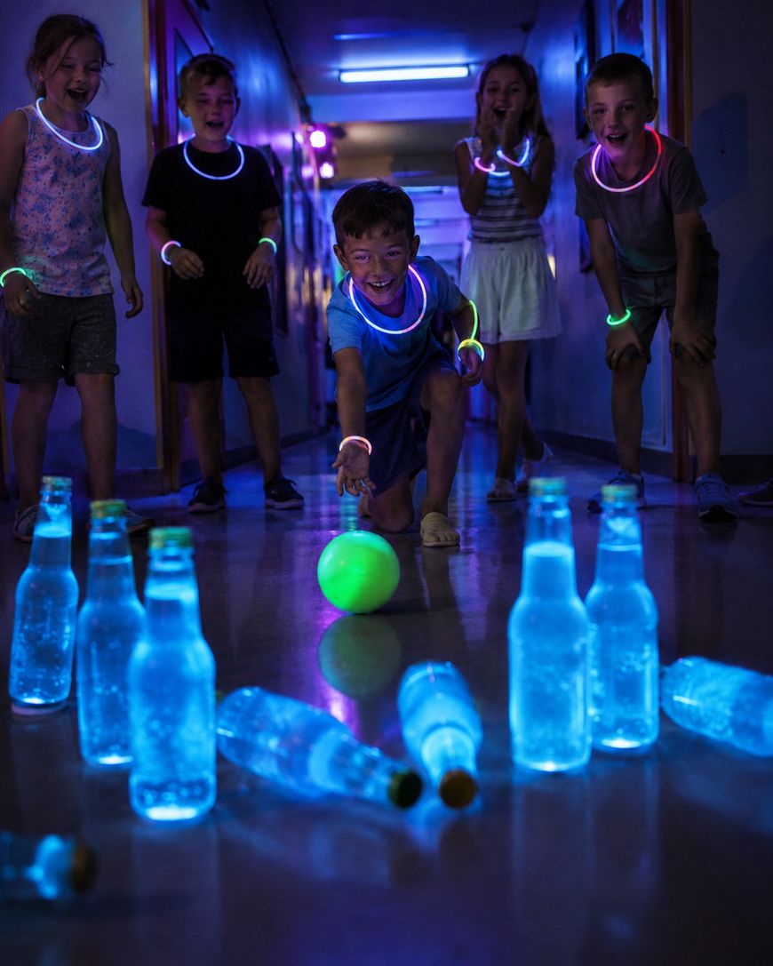 Five children wearing glow necklaces play a game of indoor bowling with glowing bottles as pins and a green ball, laughing and cheering in a dimly lit hallway illuminated by blue and purple lights.