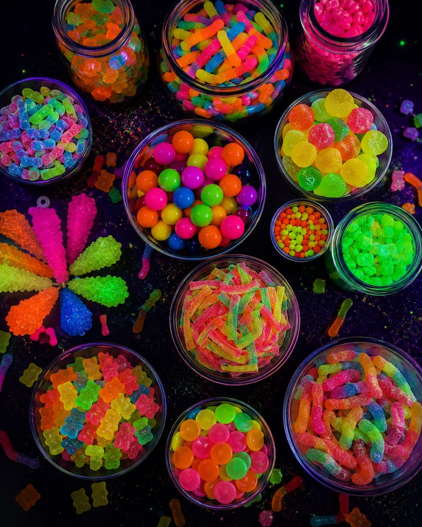 An assortment of colorful, neon candy in various shapes and sizes arranged in glass bowls on a dark surface. The candies include gummies, gumballs, and sour belts, all glowing brightly under blacklight.