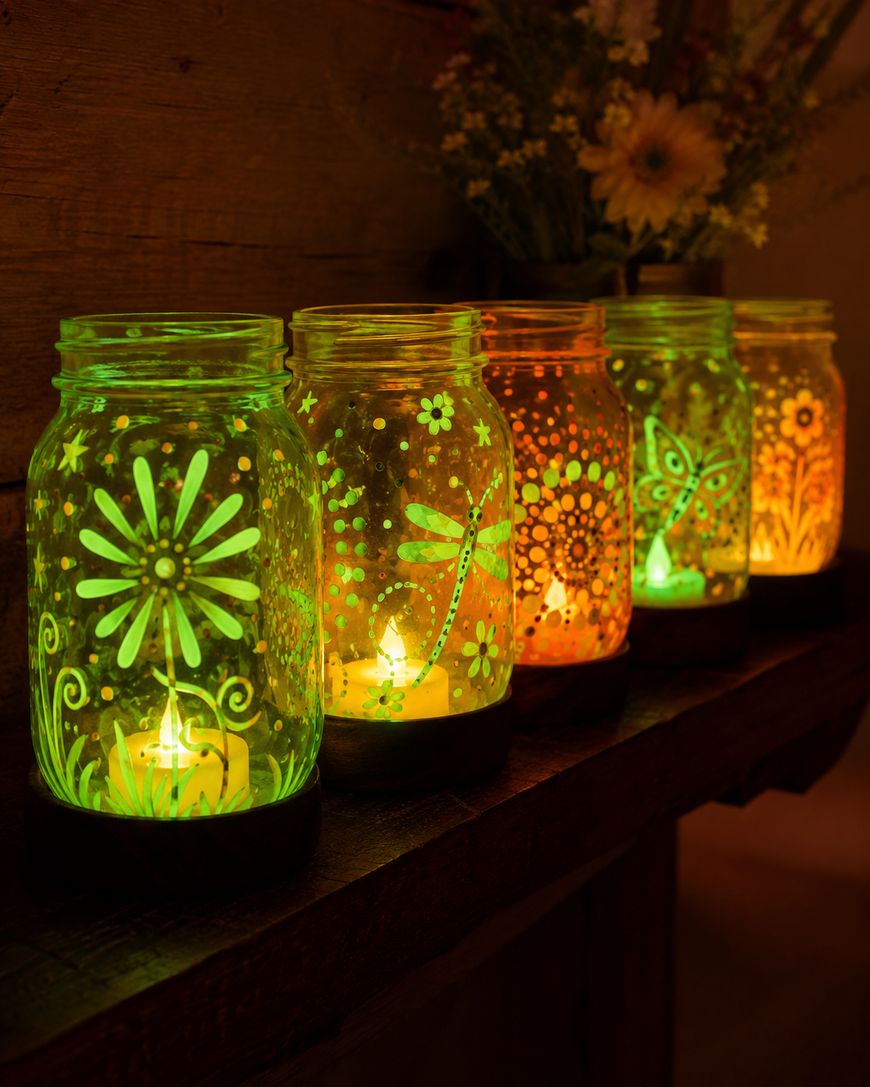 Five mason jars decorated with floral and butterfly patterns glow in green, yellow, and orange hues from candles inside, sitting on a wooden shelf with a bouquet of flowers in the background.