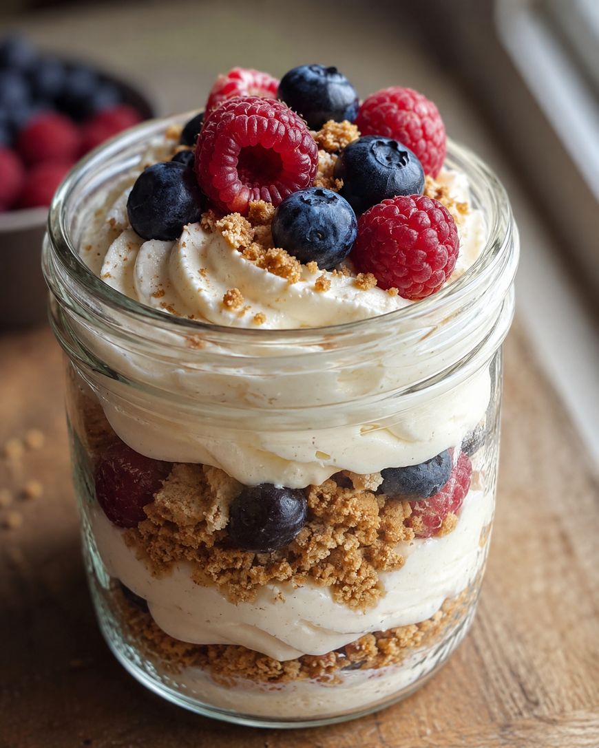 A glass jar filled with layers of creamy dessert, crumbled cookies, raspberries, and blueberries, topped with more berries and crumbs. A small bowl of berries is blurred in the background.