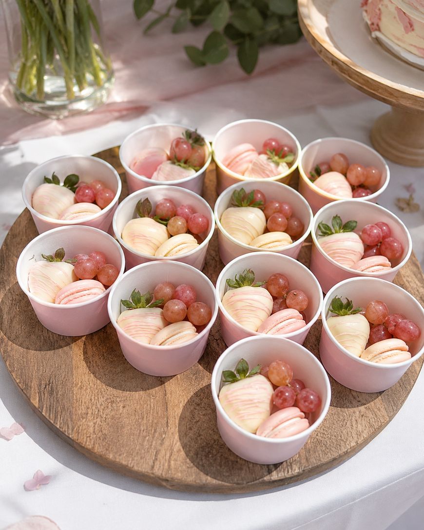 Twelve pink paper cups on a wooden tray, each filled with strawberries, red grapes, and pastel pink macarons. The tray is on a white tablecloth with flowers and a cake in the background.