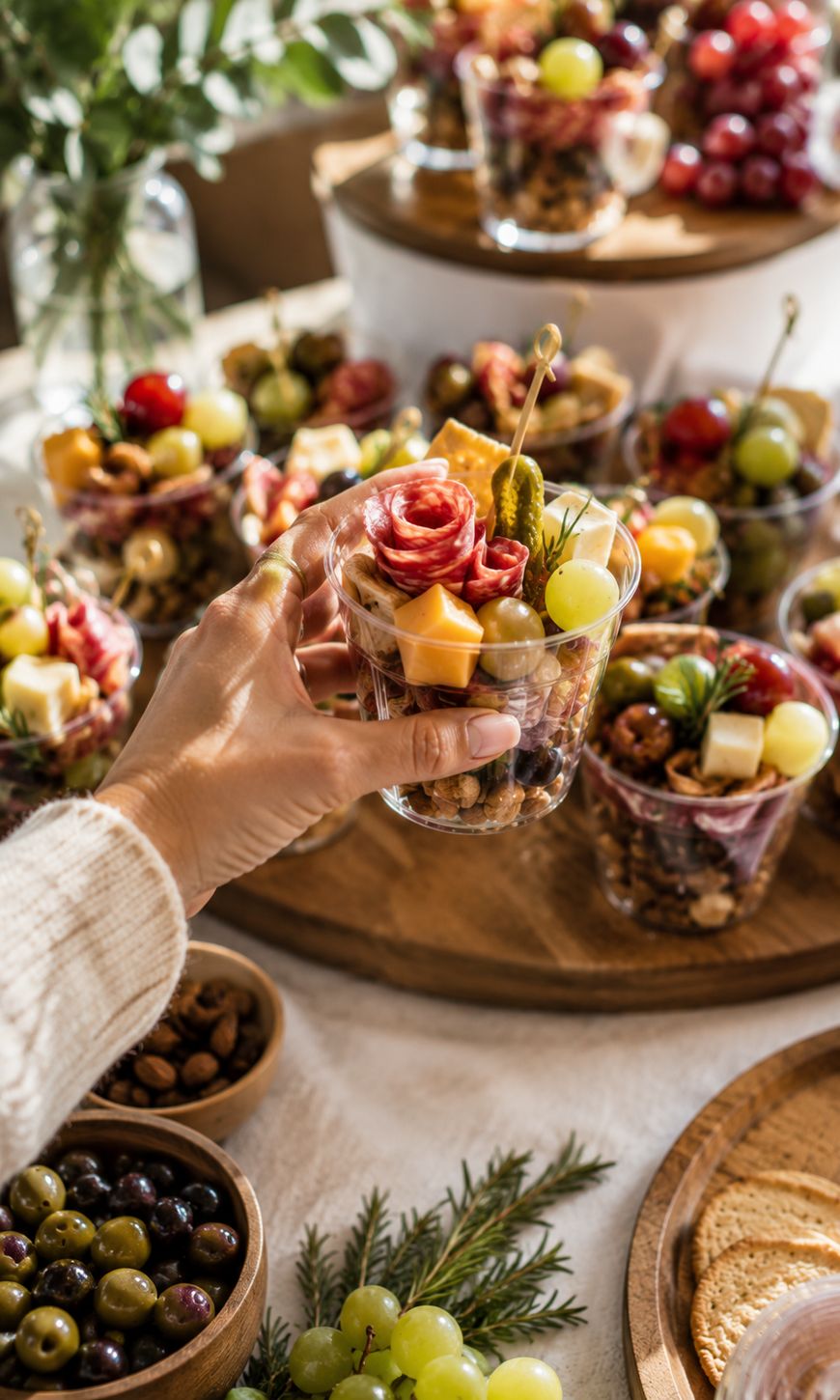 A hand holds a small clear cup filled with assorted snacks like cheese, cured meat, grapes, pickles, and nuts. More similar snack cups and bowls of olives and grapes are arranged on a table in the background.