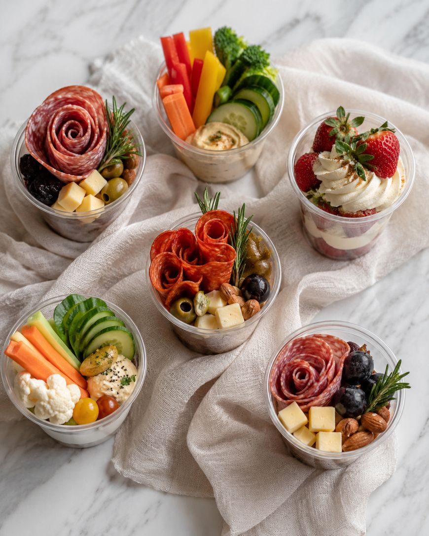 Six clear cups on a marble surface, each filled with colorful snacks: charcuterie ingredients like cured meats, cheese cubes, vegetables, olives, and nuts, plus two parfaits topped with strawberries and whipped cream, arranged around a beige cloth.
