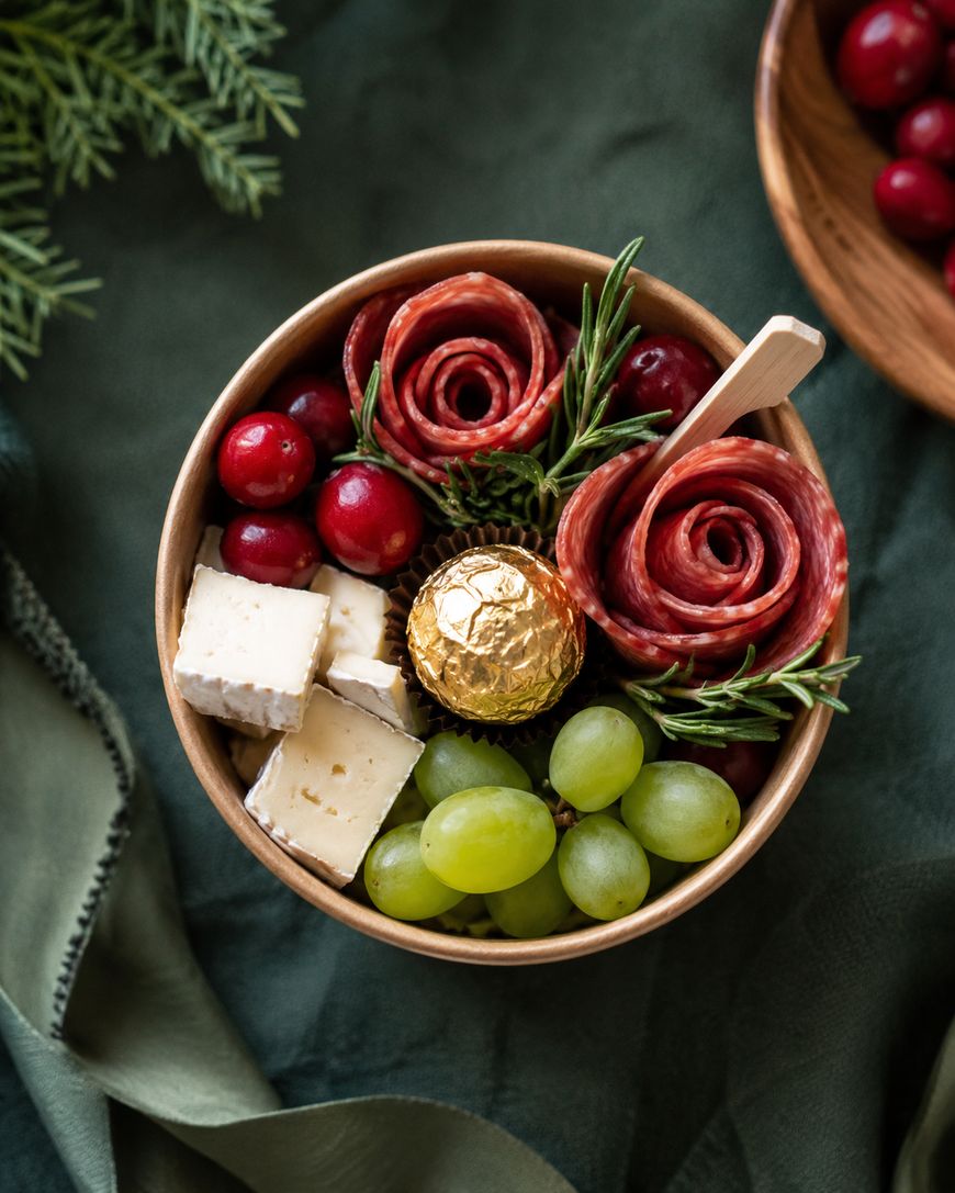 A wooden bowl filled with green grapes, white cheese cubes, red grapes, salami slices arranged as roses, a gold-wrapped chocolate, and sprigs of rosemary, on a green cloth background.