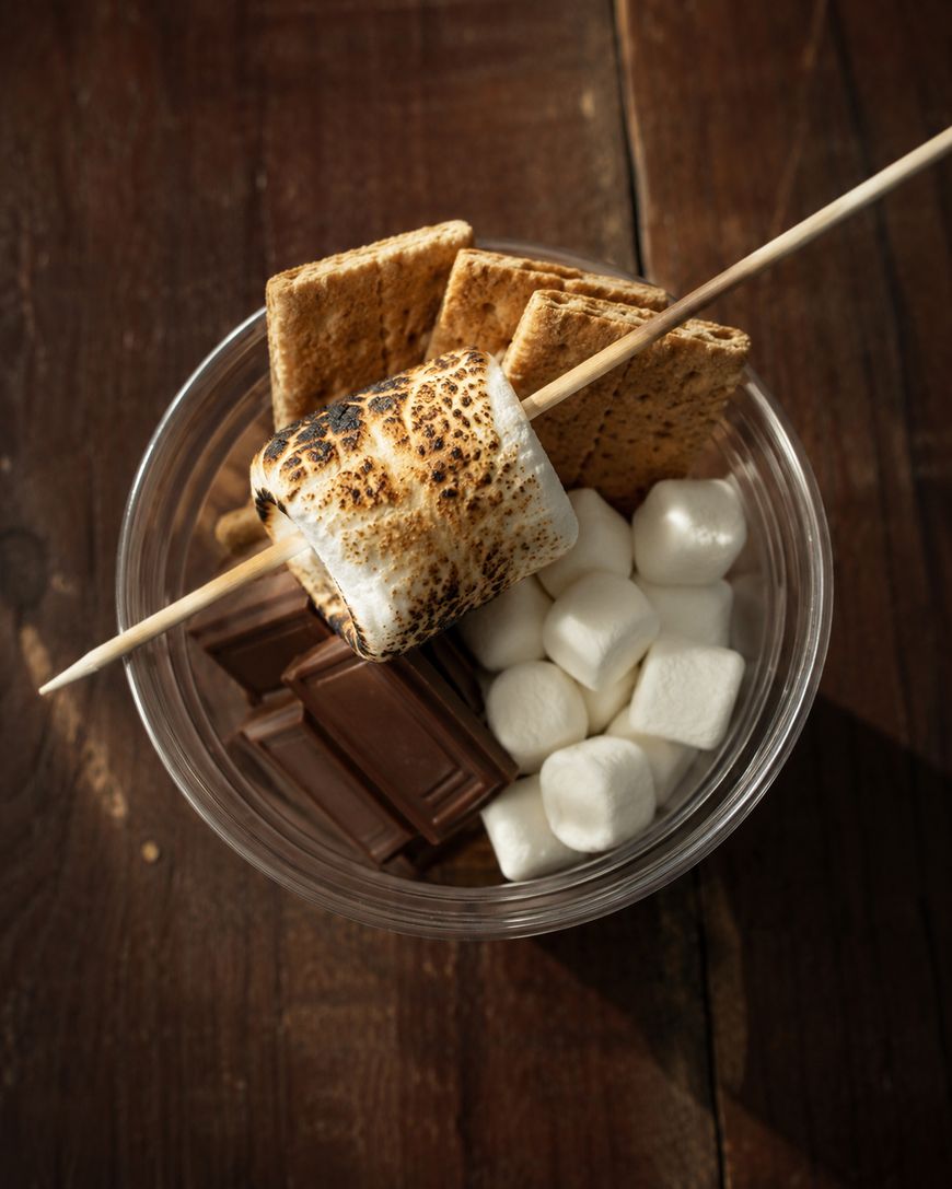 A clear cup filled with graham crackers, chocolate pieces, and mini marshmallows, with a toasted marshmallow on a wooden skewer resting on top, all placed on a wooden surface.