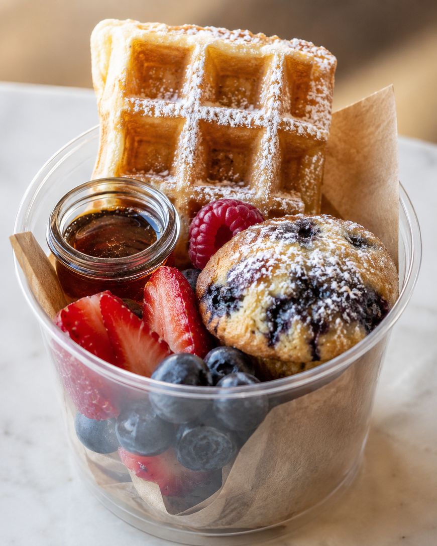 A clear plastic cup filled with a waffle dusted with powdered sugar, a blueberry muffin, fresh strawberries, blueberries, raspberries, and a small jar of syrup, all arranged neatly on brown parchment paper.