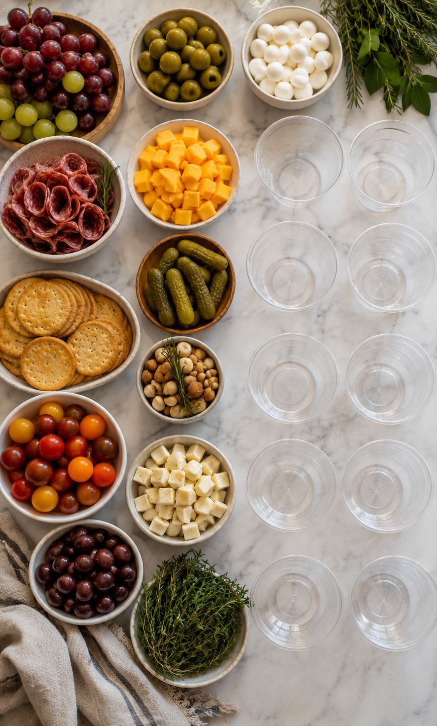 An overhead view of small bowls filled with grapes, olives, mozzarella balls, salami, cheese cubes, crackers, tomatoes, pickles, chickpeas, and herbs, arranged beside empty plastic cups on a marble surface.