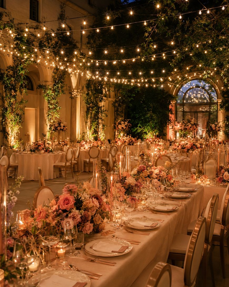 Elegant outdoor evening banquet with long tables, floral centerpieces, candles, and string lights overhead. The scene is warmly lit, with lush greenery and a grand arched window in the background, creating a romantic atmosphere.