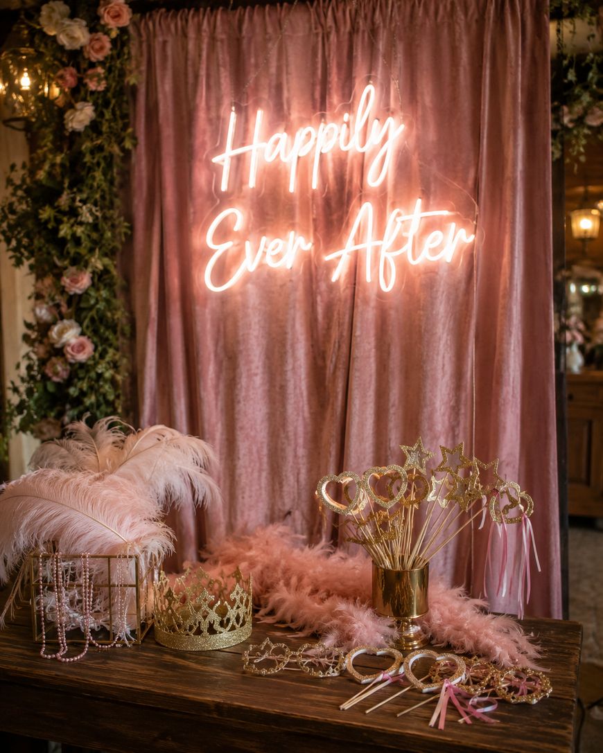 A pink velvet backdrop with a neon sign reading Happily Ever After is decorated with flowers. In front, a table displays feather boas, tiaras, sparkly wands, and decorative crowns for a party or event.