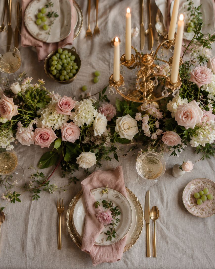 Elegant dinner table set with gold cutlery, white plates with pink napkins, champagne glasses, green grapes, lit candles in a gold candelabra, and a centerpiece of pink and white flowers on a light tablecloth.
