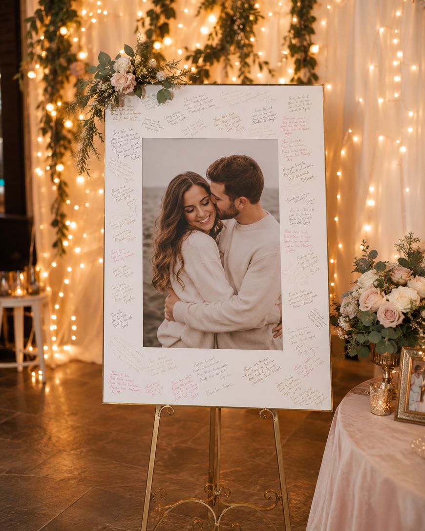 A large engagement photo of a smiling couple is displayed on an easel, surrounded by handwritten messages. The setup features soft romantic lighting, floral decorations, and fairy lights in the background.