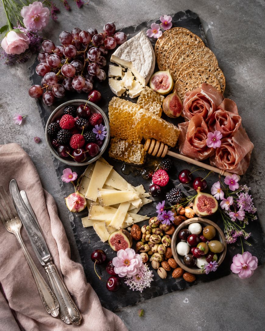 A charcuterie board with grapes, berries, figs, honeycomb, crackers, cheeses, prosciutto, olives, nuts, and edible flowers, arranged artfully on a slate platter beside cutlery and a napkin.