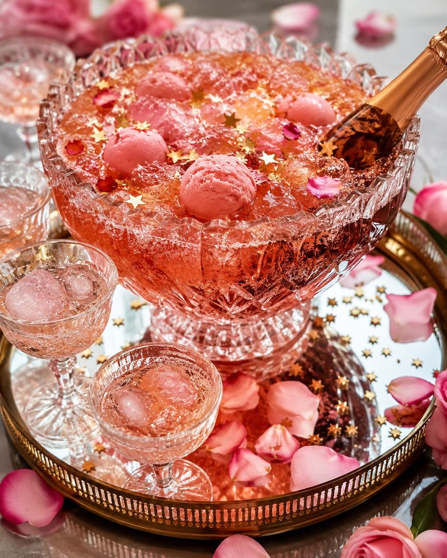 A pink punch bowl filled with ice, pink scoops of sorbet, and gold star confetti sits on a gold tray with rose petals, surrounded by glasses of pink punch and ice.