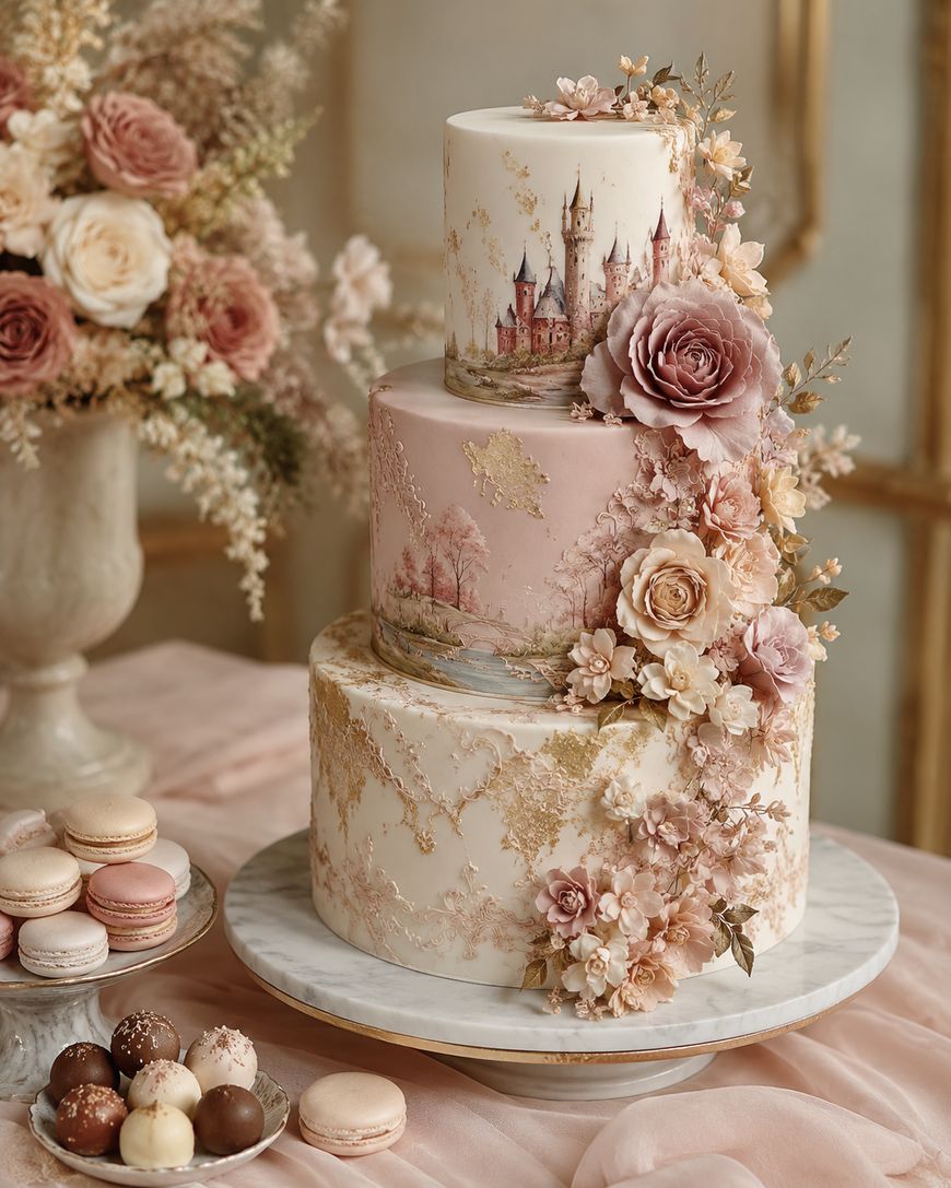A three-tiered cake decorated with hand-painted scenes, gold accents, and cascading pink and cream flowers sits on a marble stand. Nearby are assorted macarons and chocolates. Roses and pastel flowers are in the background.