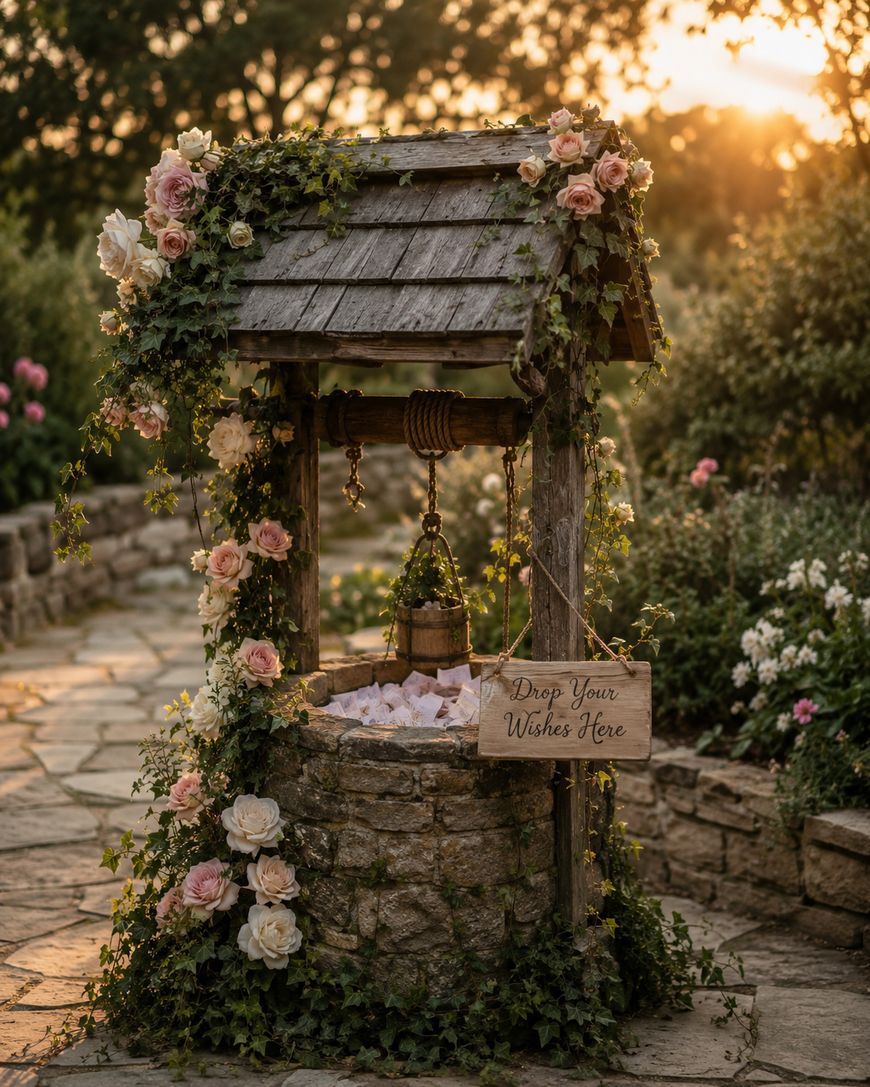 A rustic stone wishing well with a wooden roof, decorated with pink and white roses and ivy. A wooden sign reads Drop Your Wishes Here. The well is set in a garden at sunset.