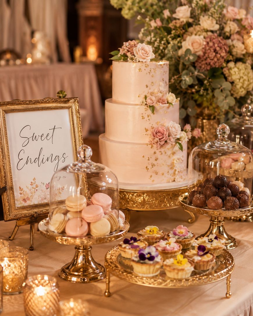 A dessert table with a three-tiered white cake decorated with pink flowers, assorted pastries, macarons, chocolates, and a framed sign that reads “Sweet Endings,” all displayed on gold stands with candles and floral arrangements nearby.