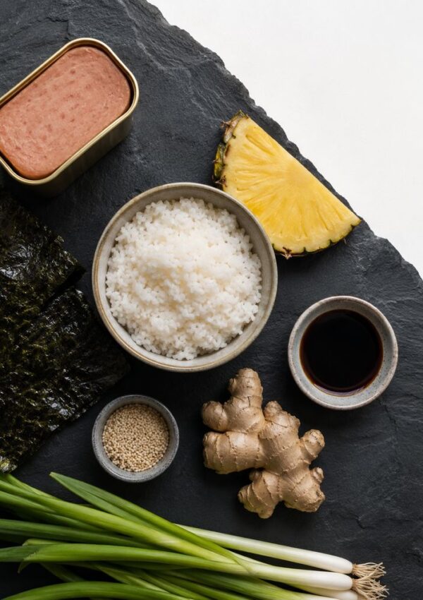 A flat lay of sushi ingredients on a slate board, featuring Hawaiian food ideas like canned meat and pineapple slice, alongside rice, seaweed sheets, soy sauce, ginger, sesame seeds, and green onions.
