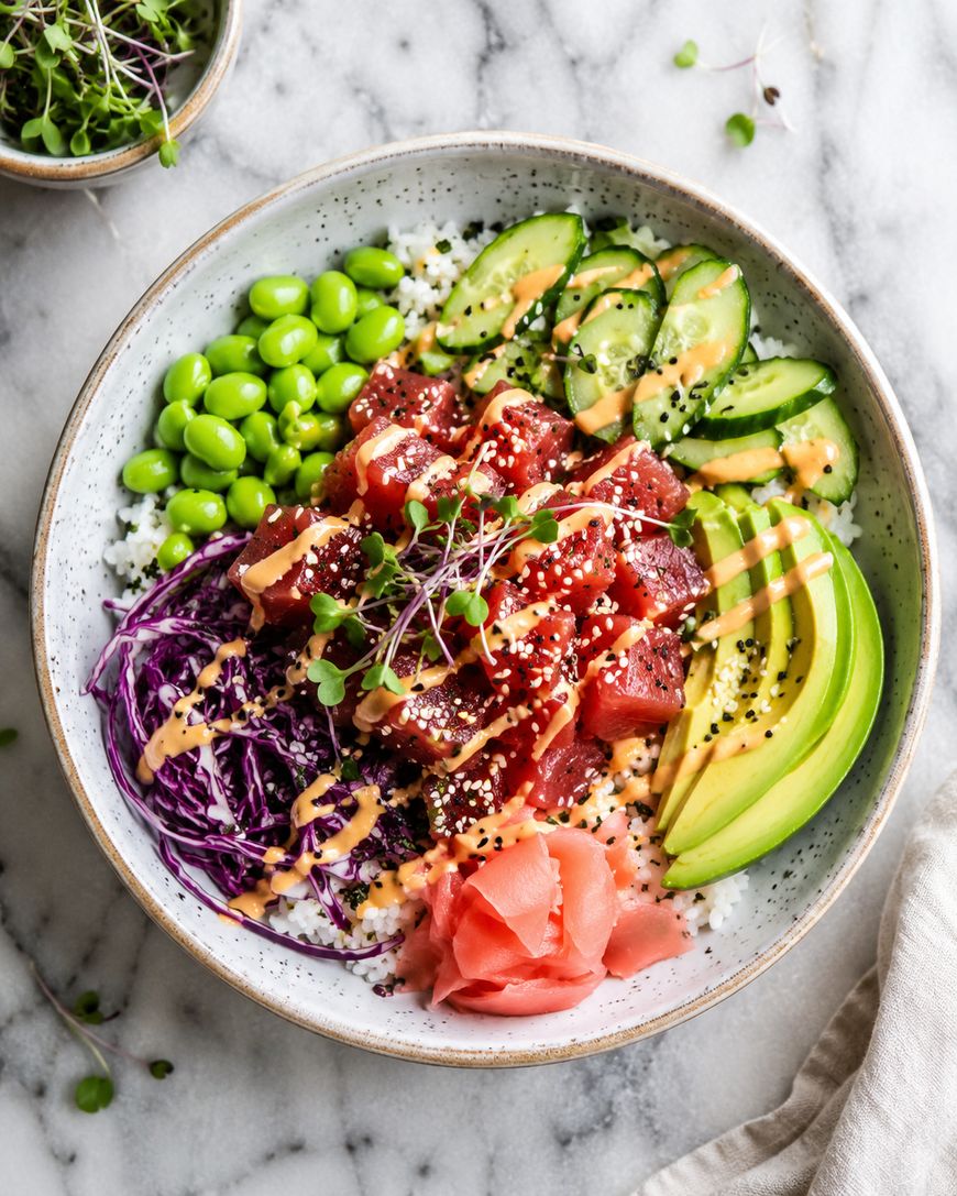 A bowl of poke with diced tuna, sliced cucumber, avocado, shredded purple cabbage, edamame, pickled ginger, microgreens, sesame seeds, and a drizzle of orange sauce on white rice, served on a marble surface.