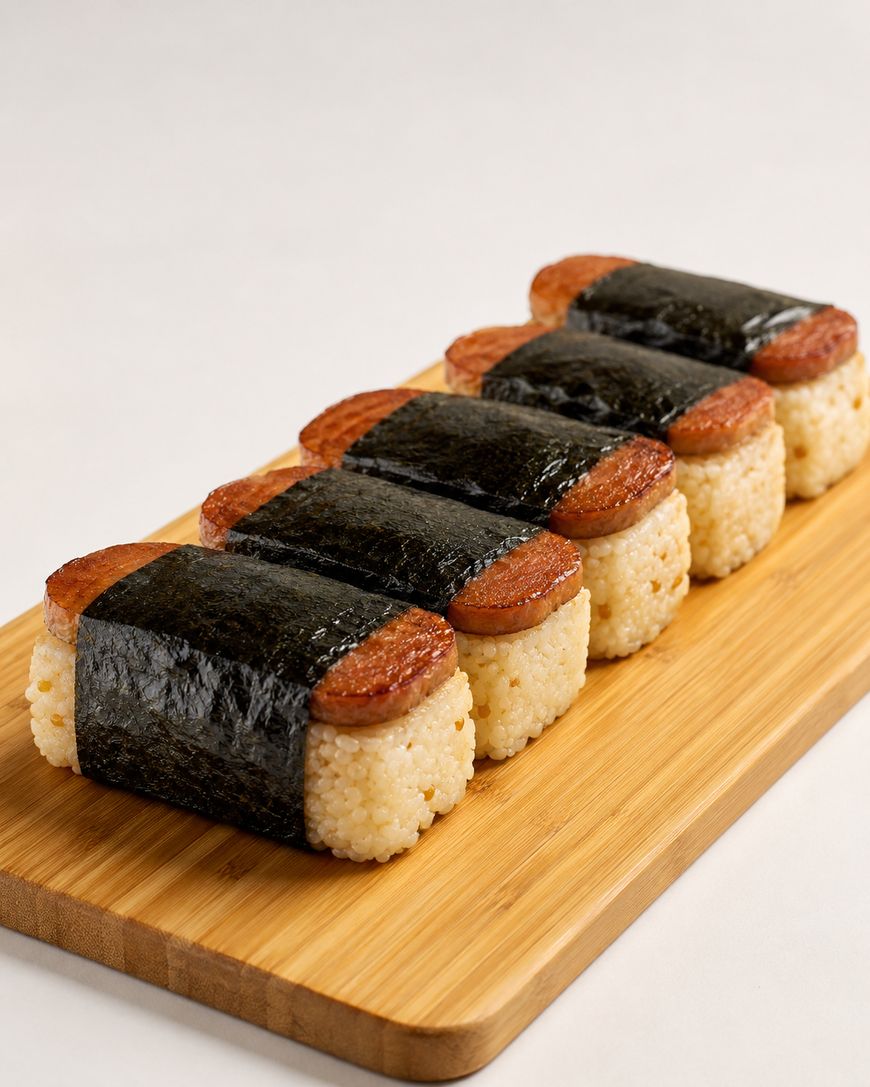 Five pieces of Spam musubi, each with a slice of grilled Spam and rice wrapped with nori, are neatly arranged in a row on a wooden board against a plain background.