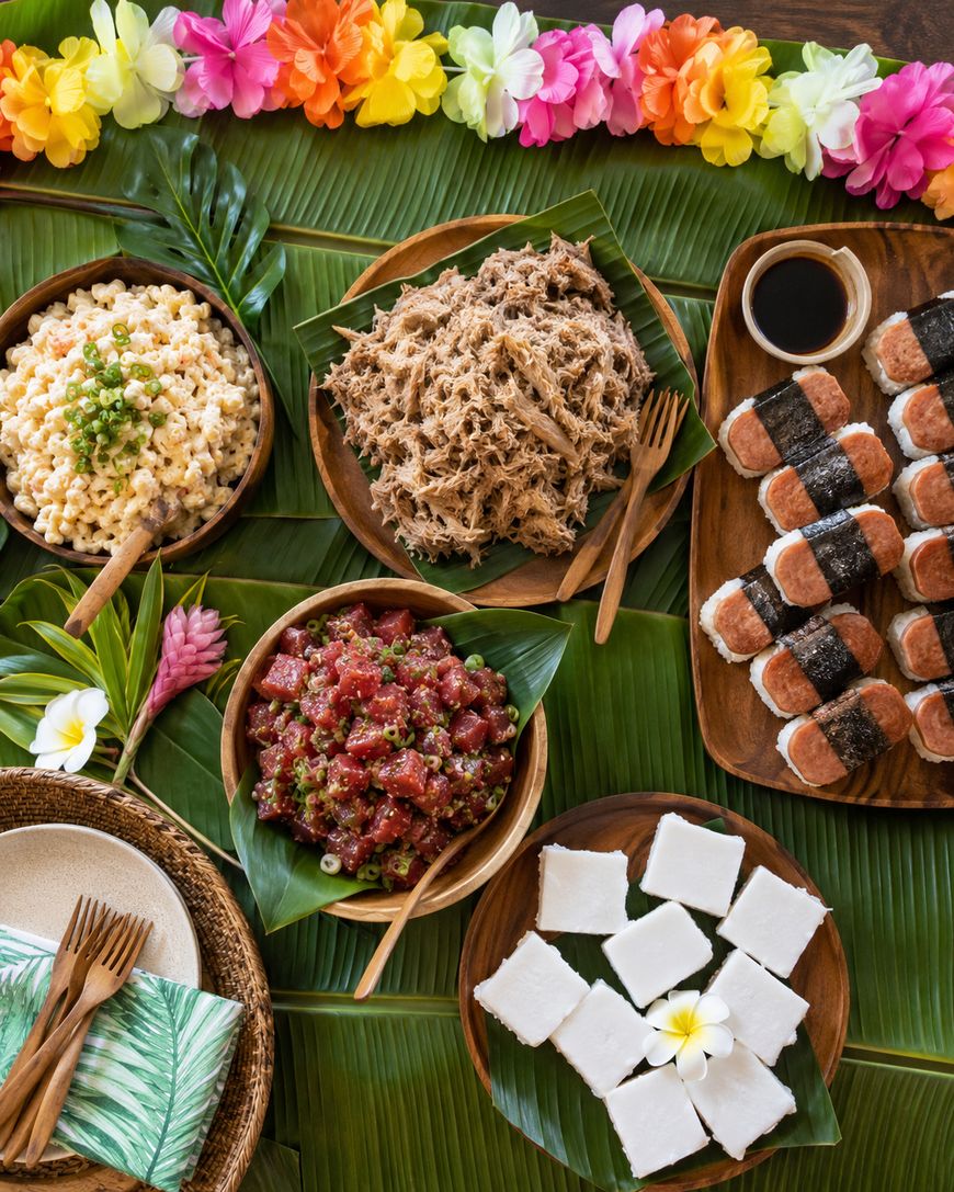 A Hawaiian feast on banana leaves featuring macaroni salad, shredded pork, poke, musubi, coconut dessert squares, and tropical flowers, with wooden plates, utensils, and a flower lei for decoration.