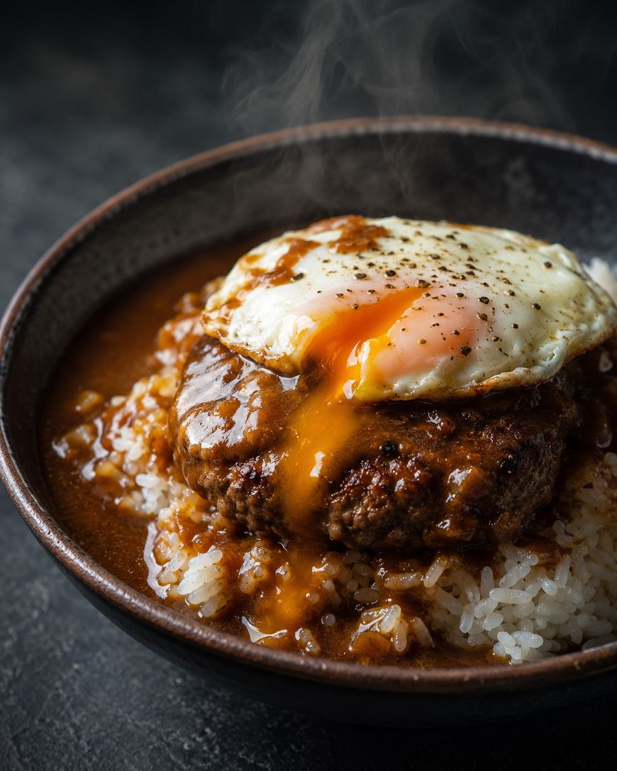 A bowl of white rice topped with a hamburger patty, rich brown gravy, and a sunny-side-up egg with a runny yolk, garnished with black pepper. Steam rises from the hot, freshly served dish.