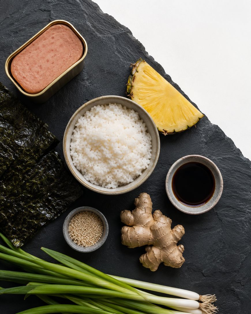 A slate board displays a bowl of white rice, a can of spam, a pineapple slice, soy sauce, ginger, green onions, sesame seeds, and sheets of seaweed, all arranged neatly.