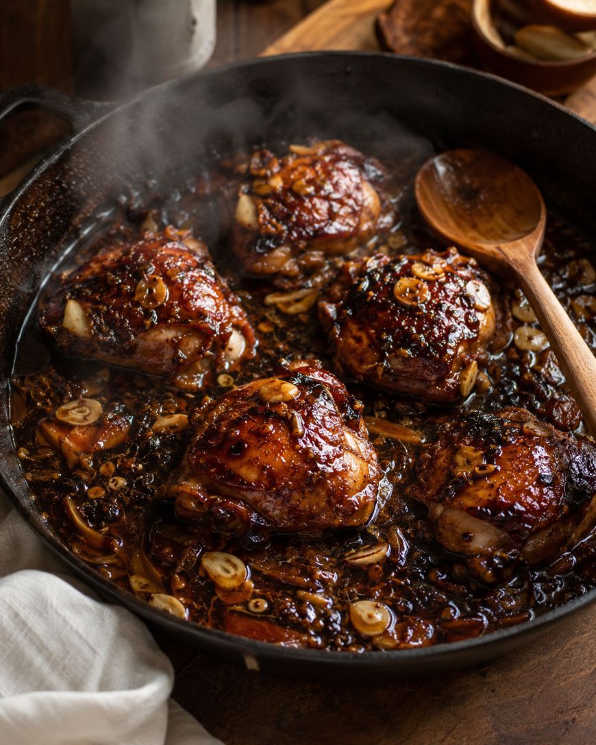 Four glazed chicken thighs are simmering in a cast iron skillet with a rich, dark sauce, garnished with sliced garlic and onions. Steam rises from the pan, and a wooden spoon rests at the side.