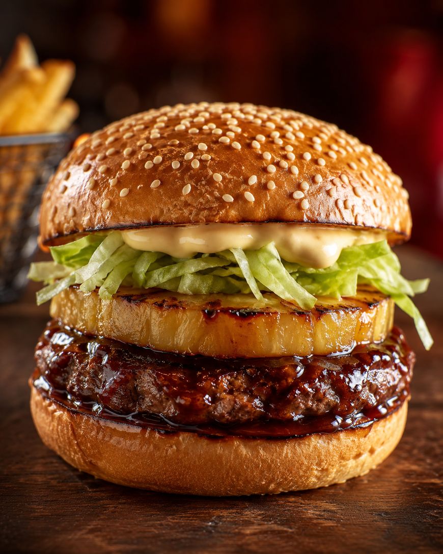A close-up of a burger with a sesame seed bun, shredded lettuce, mayonnaise, a grilled pineapple slice, a juicy beef patty glazed in sauce, and a basket of fries blurred in the background.