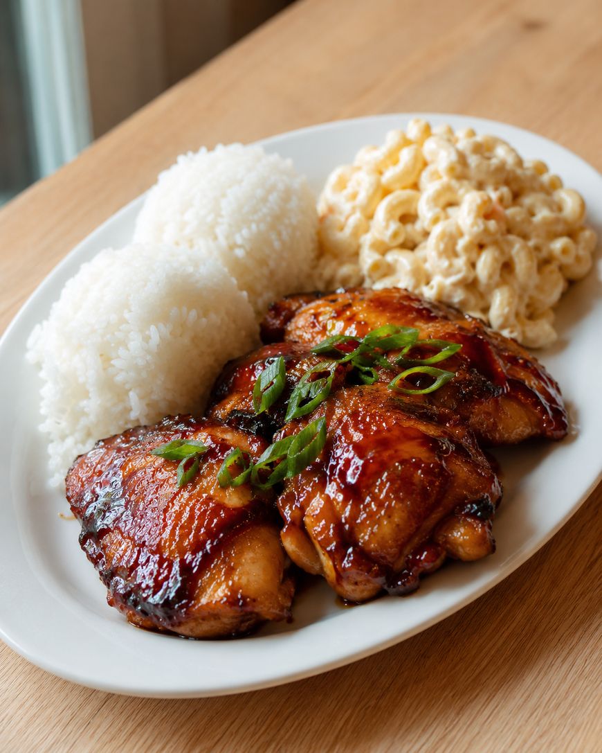A plate with glazed grilled chicken topped with green onions, two scoops of white rice, and a serving of creamy macaroni salad on a wooden table.